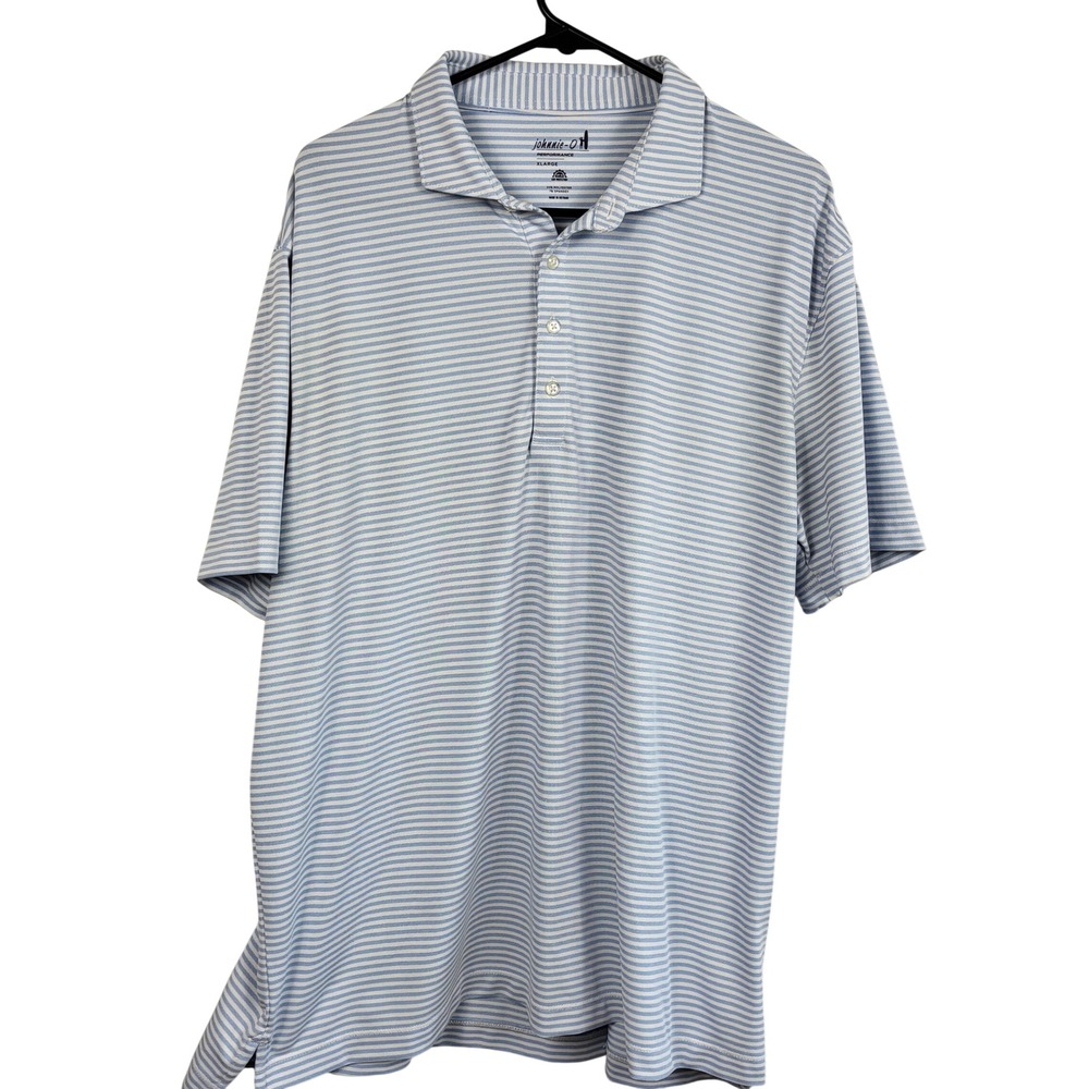 Johnnie-O Performance Polo Shirt Mens XL Blue White Striped Golf Stretch UPF 50